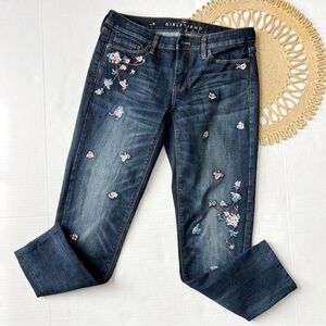 White House Black Market Dark Blue Skinny Jeans with Floral Embroidery
